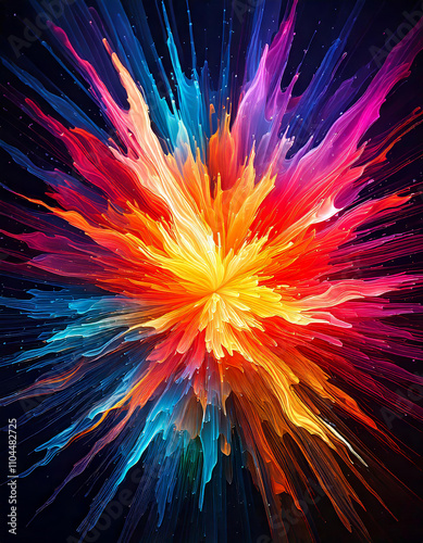 Vibrant colors exploding outwards from the center, creating dynamic and energetic composition on black background photo