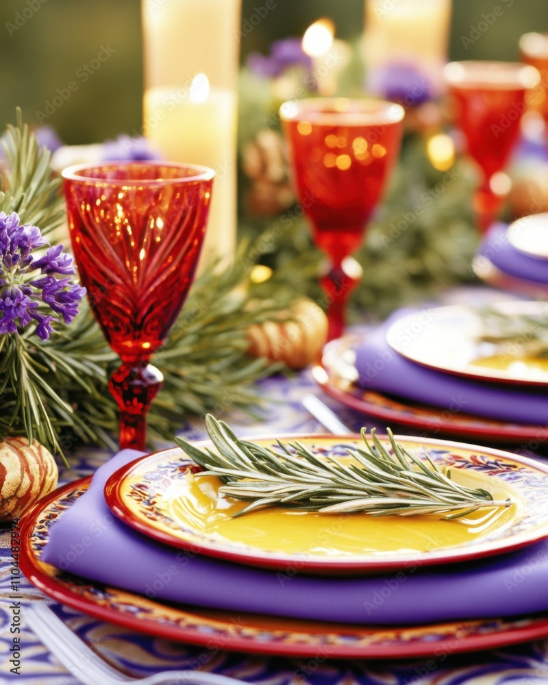 Festive table setting with lavender napkins and red glassware for a cheerful celebration
