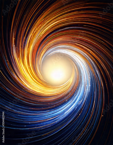 Colorful light beams swirling into a vortex, creating a dynamic energy flow with a bright center, perfect for technology or abstract concepts