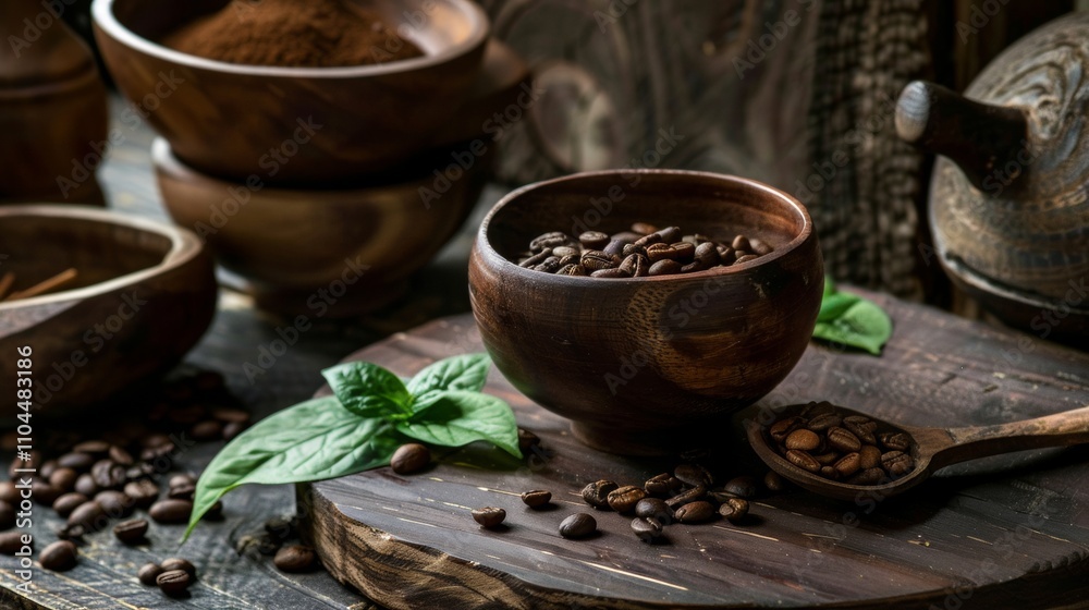 Rustic coffee scene with wooden bowls and fresh beans Rustic coffee scene with wooden bowls and fresh beans