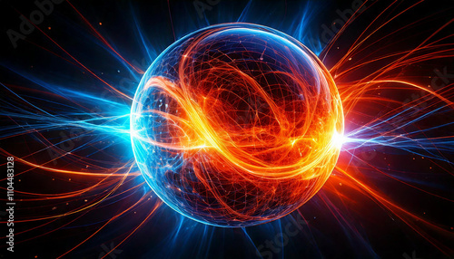 Swirling plasma energy contained within a spherical force field, radiating vibrant beams of light and heat