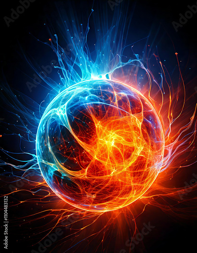 Majestic energy orb releasing flames and frosty beams, producing a stunning cosmic exhibition of opposing elements
