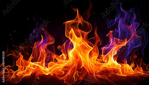 Vibrant orange and purple flames dance against a dark background, conveying intensity and strength. This dynamic picture embodies warmth and vitality, ideal for enhancing any project