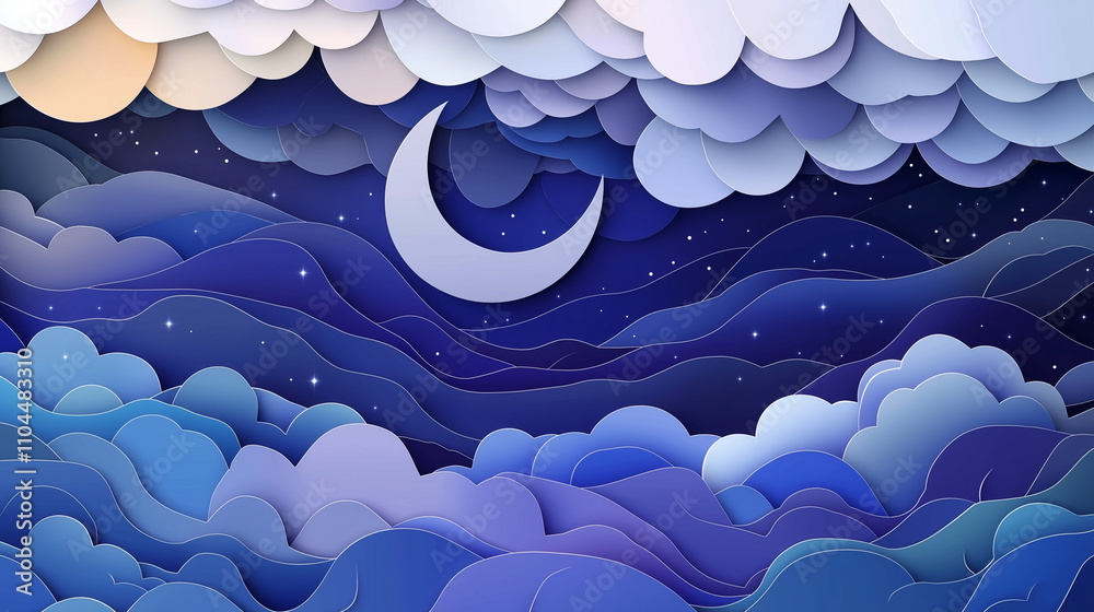 Illustration en papier découpé d'un ciel nocturne rêveur avec lune et étoiles