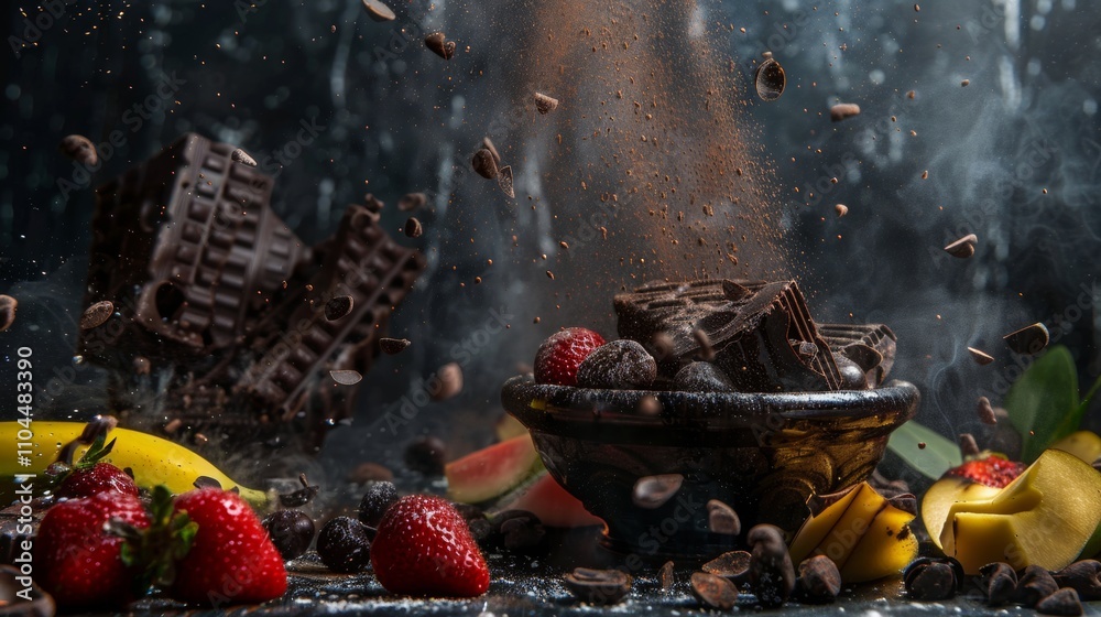 Exploding chocolate with fruits and cocoa dust in motion Exploding chocolate with fruits and cocoa dust in motion