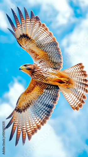 Majestic honey buzzard soars gracefully through a brilliant blue sky filled with fluffy clouds, showcasing its impressive wingspan and natural beauty photo