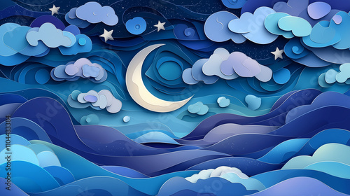 Illustration en papier découpé d'un ciel nocturne rêveur avec lune et étoiles