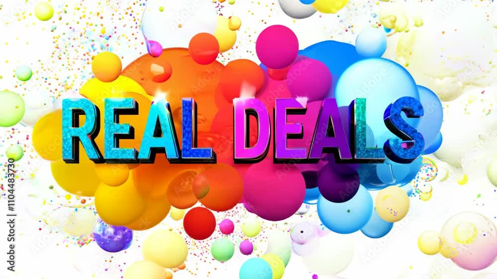 A colorful sign that says Real Deals. The sign is made up of many different colored circles. The circles are arranged in a way that makes the letters stand out A colorful sign that says Real Deals. The sign is made up of many different colored circles. The circles are arranged in a way that makes the letters stand out