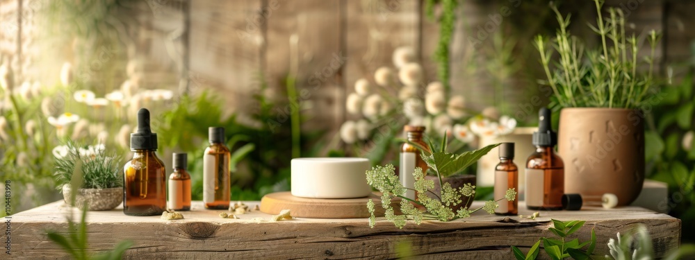Natural skincare products arranged with greenery in a rustic setting Natural skincare products arranged with greenery in a rustic setting