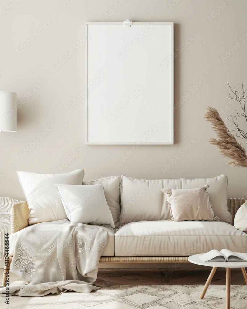 A white sofa with throw pillows and a blanket in a minimalist living room with a large empty picture frame and a vase of dried reeds A white sofa with throw pillows and a blanket in a minimalist living room with a large empty picture frame and a vase of dried reeds