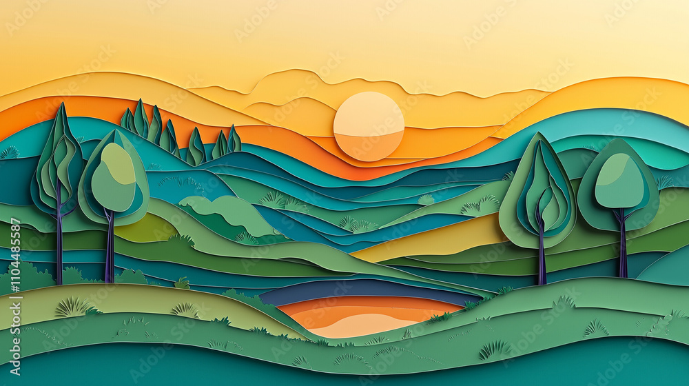 Obraz premium Illustration en papier découpé d'un paysage naturel au coucher du soleil