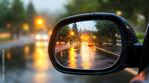 Rainy street reflected in the rearview mirror of a car. 4k image