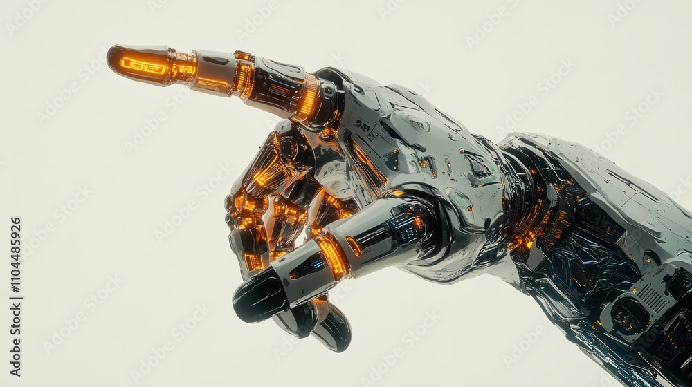 High-tech robotic hand with visible circuits and a glowing finger, making a precise pointing gesture, on white High-tech robotic hand with visible circuits and a glowing finger, making a precise pointing gesture, on white