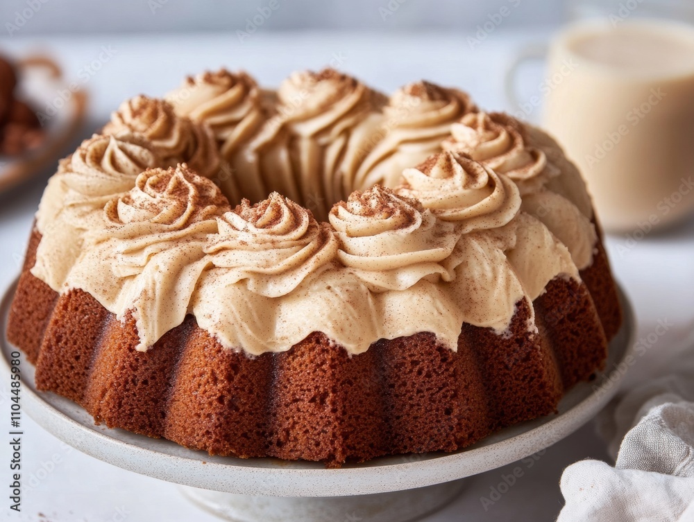 Delicate bundt cake with creamy frosting and a dusting of cinnamon, displayed on a white cake stand, surrounded by warm holiday accents and natural light.
Delicate bundt cake with creamy frosting and a dusting of cinnamon, displayed on a white cake stand, surrounded by warm holiday accents and natural light.