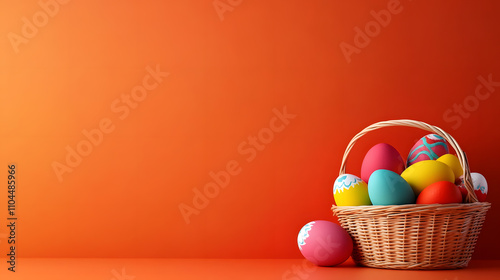 Colorful Easter Eggs Display in a Woven Basket Against a Vibrant Orange Background