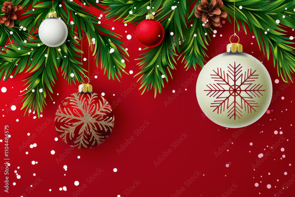 Naklejka premium Classic Christmas card design featuring ornaments and festive greenery in red and green