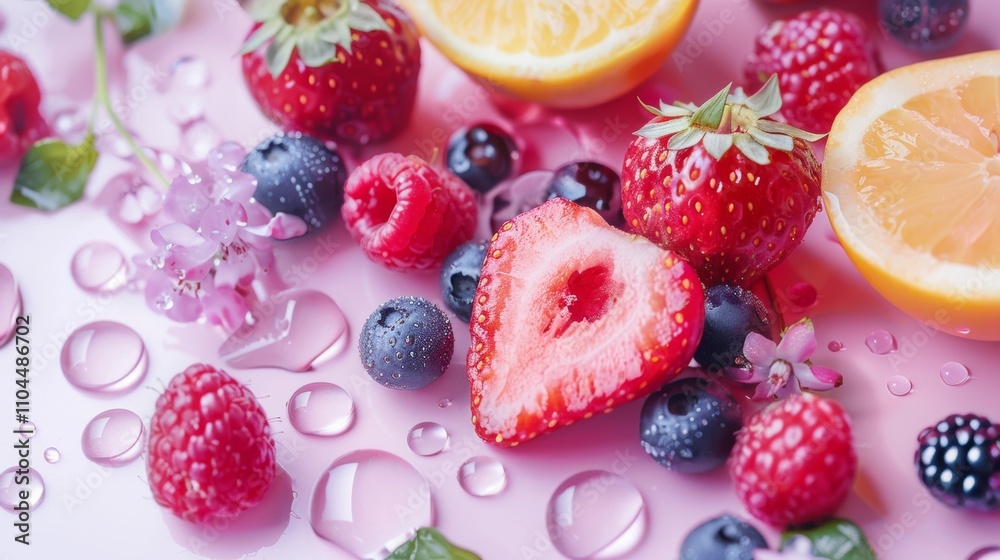 Vivid berries and citrus fruits with water droplets on a pink background Vivid berries and citrus fruits with water droplets on a pink background