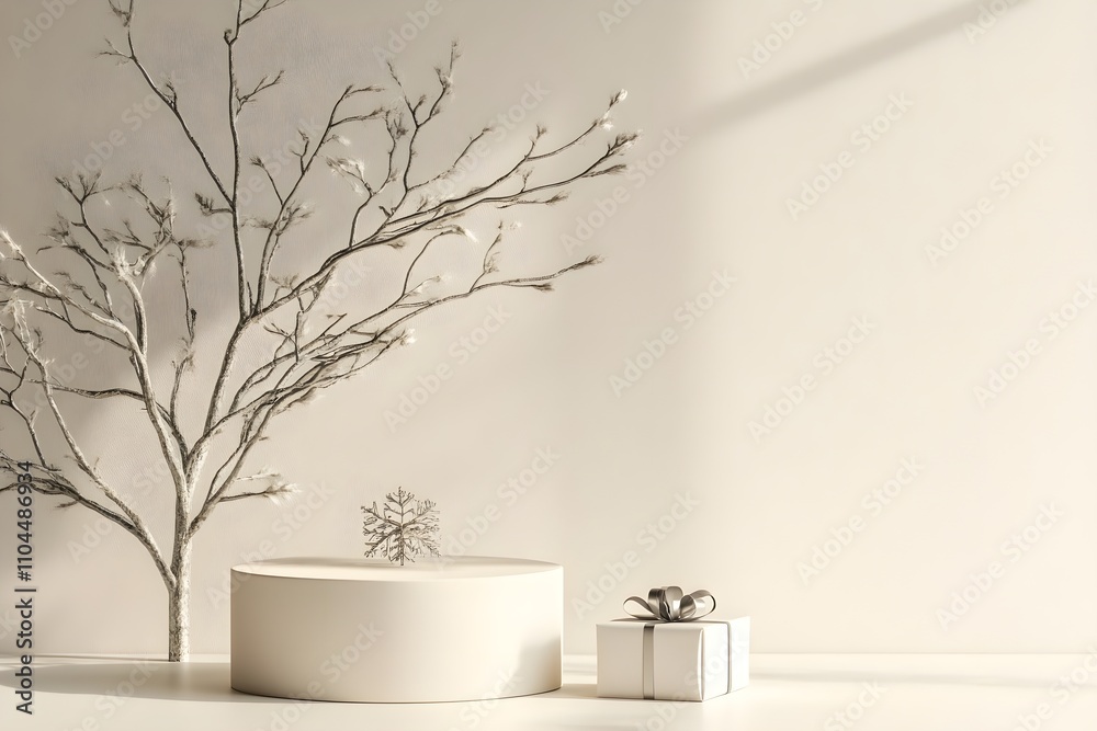 Round podium and a box with a gift next to it on a light background with a silver twig Round podium and a box with a gift next to it on a light background with a silver twig