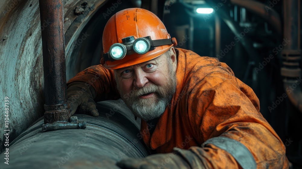 A cheerful worker in a bright orange uniform and hard hat hugs a large pipe in a dimly lit industrial tunnel, demonstrating dedication and a cheerful approach to work. A cheerful worker in a bright orange uniform and hard hat hugs a large pipe in a dimly lit industrial tunnel, demonstrating dedication and a cheerful approach to work.