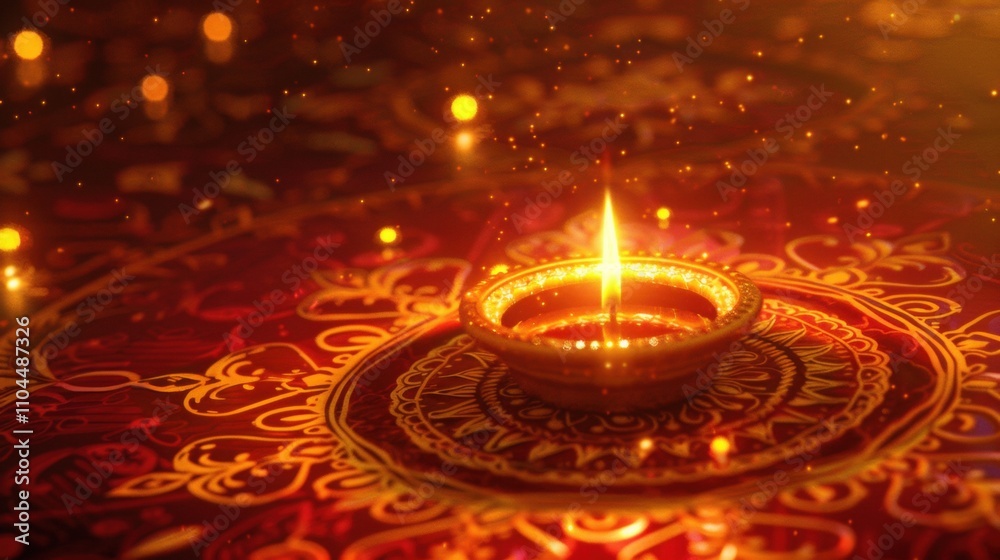 Decorative clay diya lamp with a glowing flame on a vibrant red background adorned with intricate golden patterns, celebrating the festive spirit of Diwali. Decorative clay diya lamp with a glowing flame on a vibrant red background adorned with intricate golden patterns, celebrating the festive spirit of Diwali.