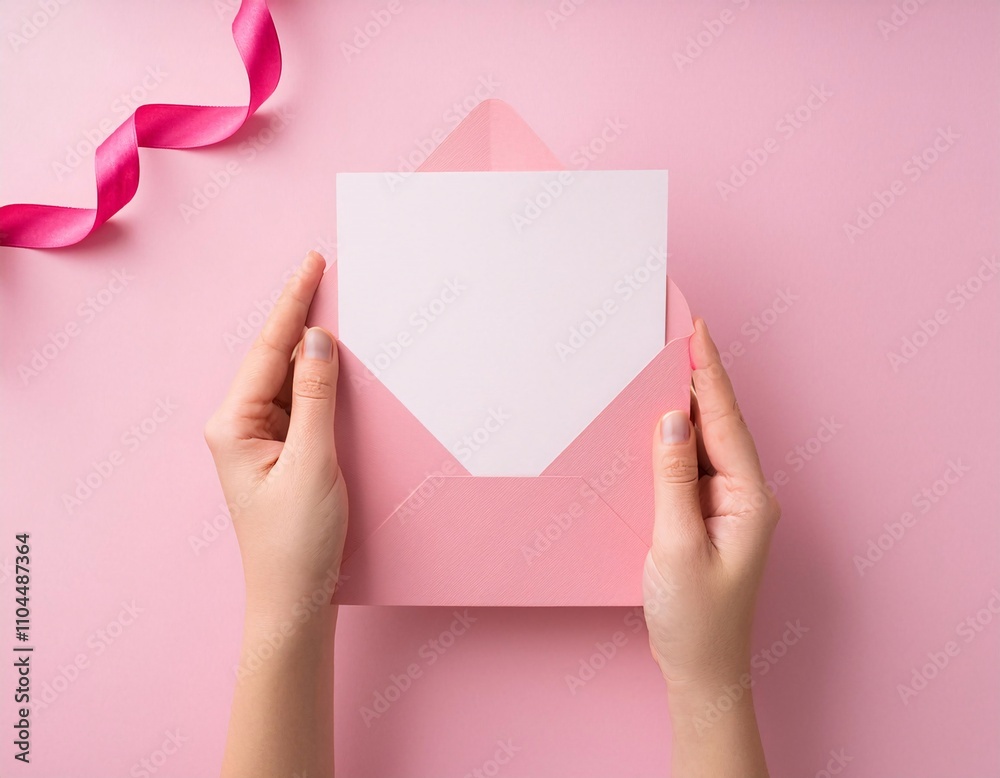 A woman's hand holds an open pink gift box A woman's hand holds an open pink gift box