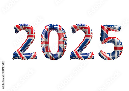 Happy New Year 2025 England flag lettering on transparent background