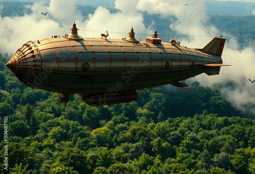 Steampunk Airship Over Lush Forest photo