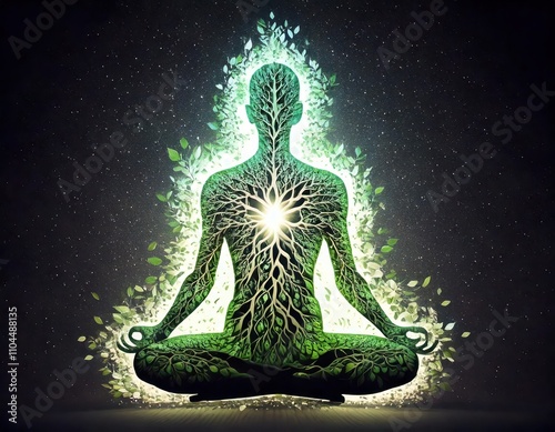 silhouette of yoga person in lotus position, zen spiritual healing energy type design concept