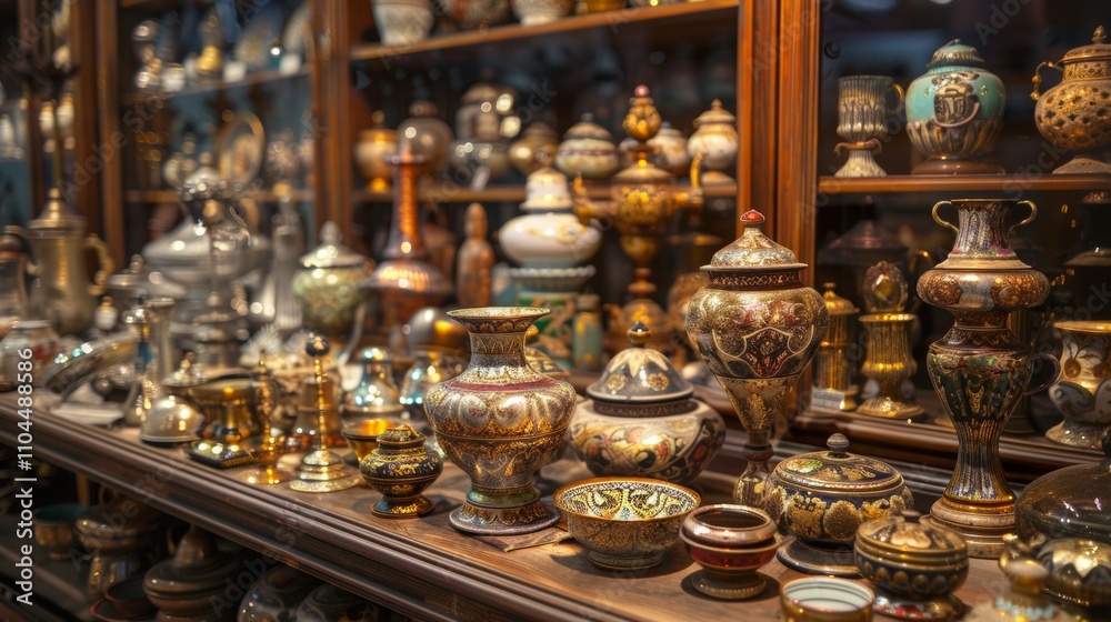 Collection of antique vases and artifacts in a showcase Collection of antique vases and artifacts in a showcase