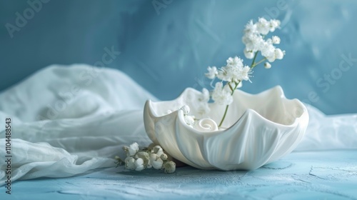 Delicate white ceramic bowl with flowers on soft blue background photo