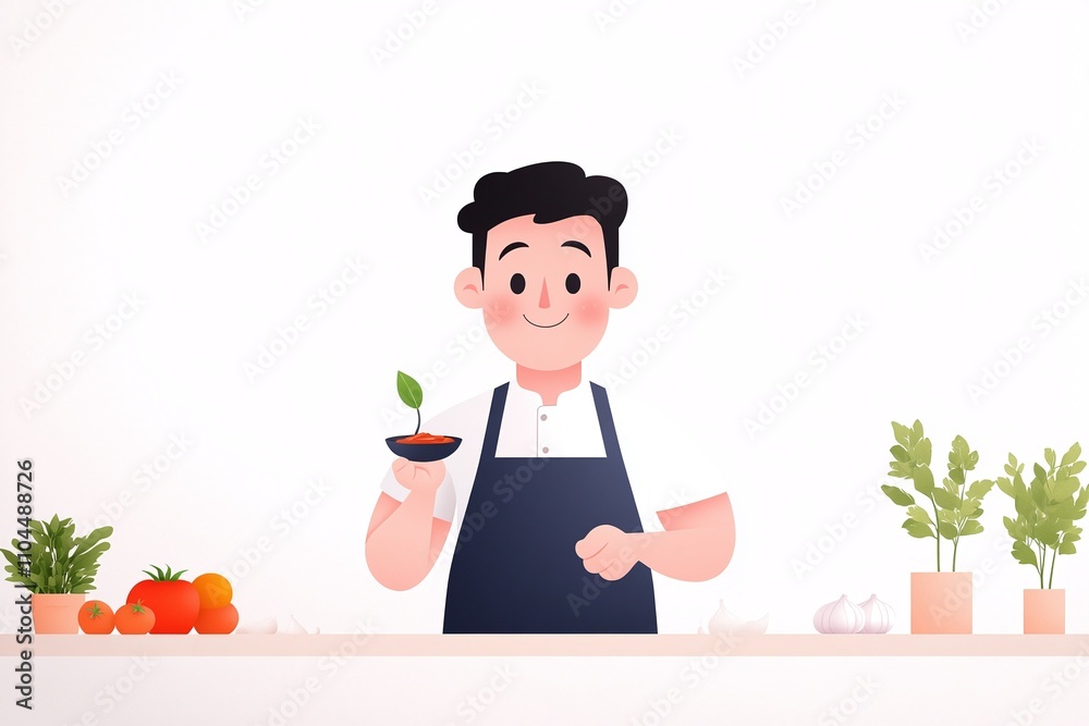 Male Chef Illustration Holding Herb Bowl with Fresh Ingredients and Kitchen Herbs
Male Chef Illustration Holding Herb Bowl with Fresh Ingredients and Kitchen Herbs