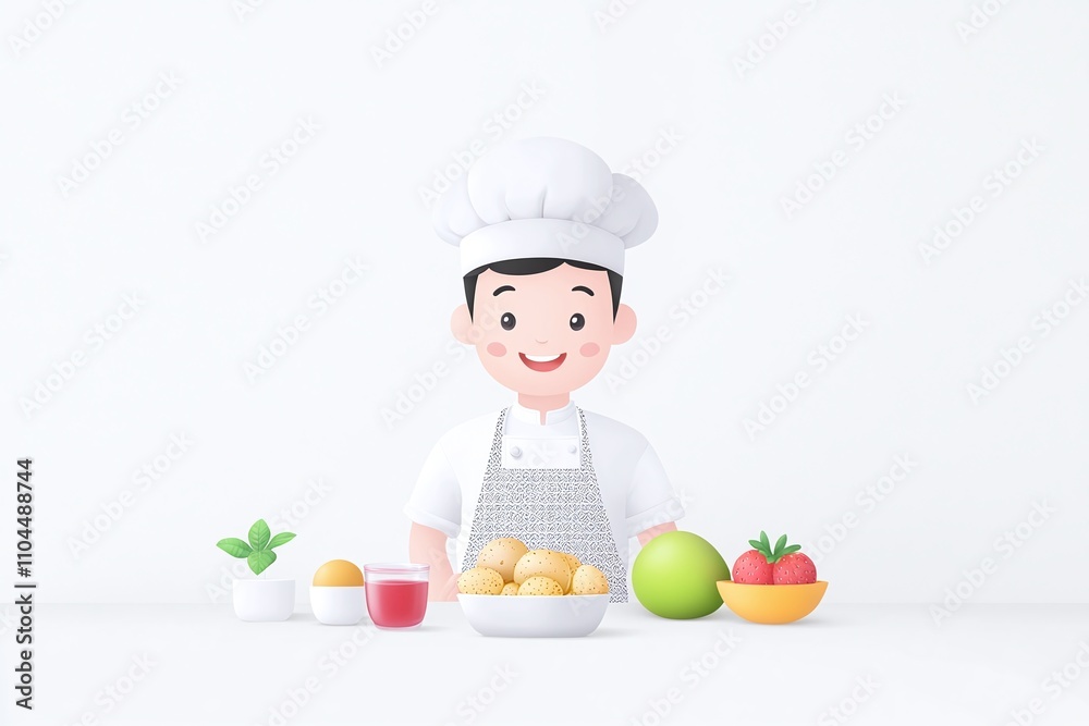 Smiling Chef Illustration with Fruits and Ingredients on Minimalist White Background
Smiling Chef Illustration with Fruits and Ingredients on Minimalist White Background