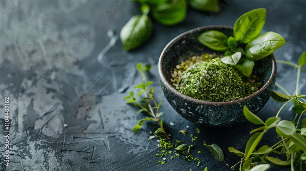Rustic bowl of fresh herbs on textured dark surface Rustic bowl of fresh herbs on textured dark surface