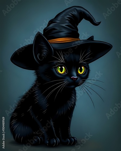 dessin d'un petit chat noir qui porte un chapeau pour Halloween photo