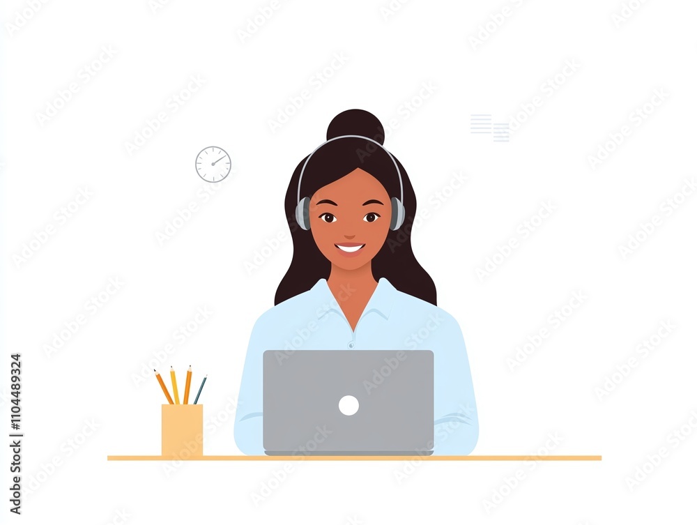 Female Customer Support Agent Illustration Smiling While Using Laptop and Wearing Headphones, Minimal Workspace, Isolated on White Female Customer Support Agent Illustration Smiling While Using Laptop and Wearing Headphones, Minimal Workspace, Isolated on White