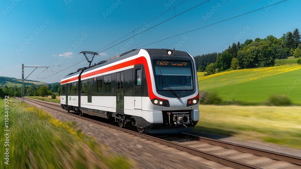 Peak energy capacity concept, A modern train speeds through lush green landscapes under a clear blue sky, showcasing the beauty of rail travel. Peak energy capacity concept, A modern train speeds through lush green landscapes under a clear blue sky, showcasing the beauty of rail travel.