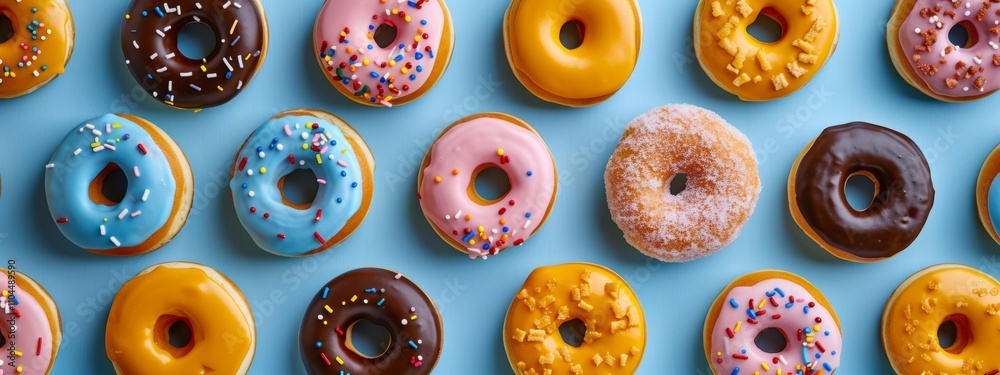 Colorful donuts with various toppings on a blue background Colorful donuts with various toppings on a blue background