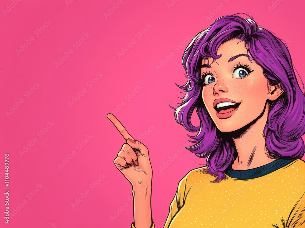Obraz premium Pop art cartoon woman with expressive face pointing, featuring vibrant purple hair and bold makeup against a pink background