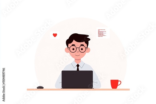 Smiling young man in glasses, formal attire, laptop and coffee cup on desk, minimalist workspace illustration, productive professional, casual remote work setting, copy space

