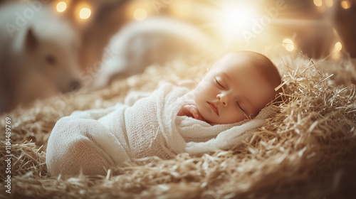 Baby Jesus sleeps peacefully in a wooden manger on straw against the backdrop of a stable with animals, illuminated by divine light. Religious scene Christmac