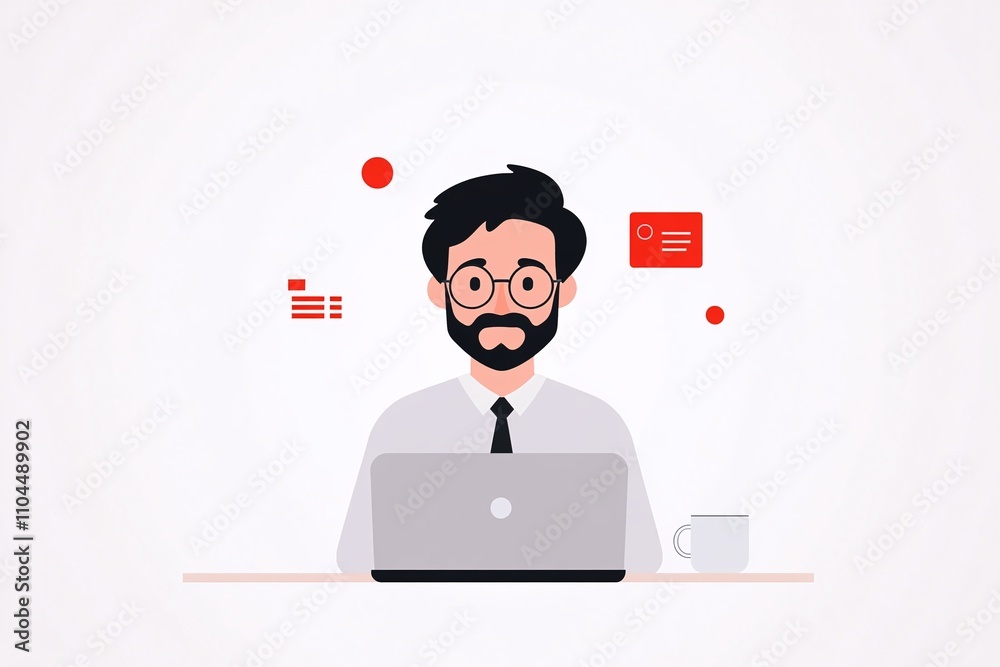 Bearded man with glasses, working on laptop, professional setting, modern workspace illustration, coffee mug on desk, red-themed design, productivity concept, copy space
Bearded man with glasses, working on laptop, professional setting, modern workspace illustration, coffee mug on desk, red-themed design, productivity concept, copy space