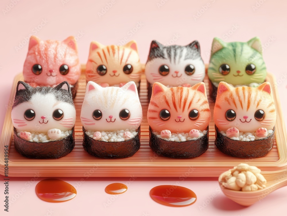 Cute sushi-shaped cat figurines displayed on a wooden tray with sauce. Cute sushi-shaped cat figurines displayed on a wooden tray with sauce.