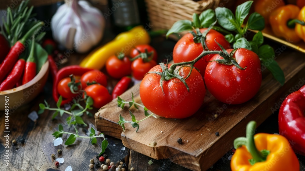 Fresh tomatoes and vegetables on a rustic wooden kitchen counter Fresh tomatoes and vegetables on a rustic wooden kitchen counter