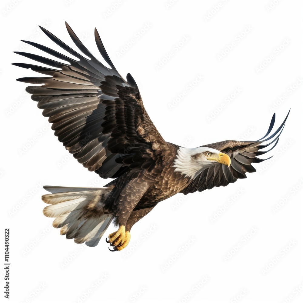 A majestic bald eagle in flight, showcasing its powerful wings and sharp talons against a white background. A majestic bald eagle in flight, showcasing its powerful wings and sharp talons against a white background.