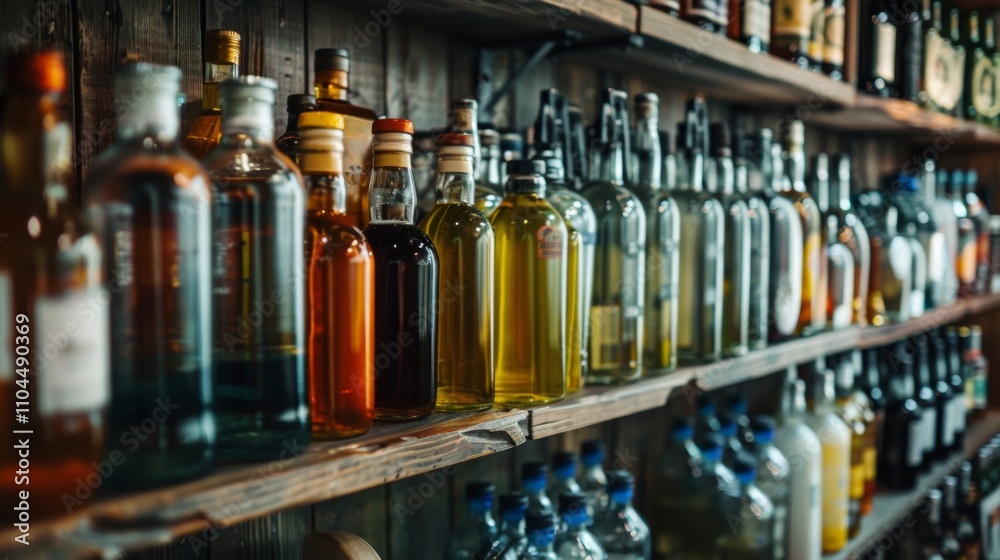 Assorted glass bottles on rustic wooden shelves Assorted glass bottles on rustic wooden shelves