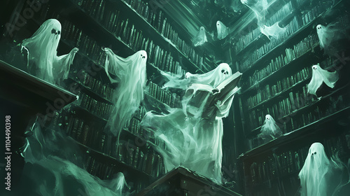 Enchanted library with books flying off shelves and ghostly scholars, magical library, arcane knowledge. arcane library. illustration. Arcane. Illustration