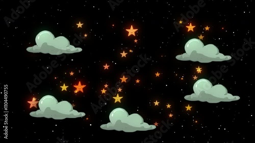 
3d Cloud Randomly Moved On The Transparent Alpha Channel Background.yellow Glowing Stars At Night On Black Background.2d Cartoon Clouds Animation On Alpha Channel Background. Abstract Twinkle Stars A