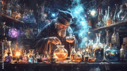 Mystical alchemist concocting enchanted potions surrounded by a collection of arcane esoteric artifacts in a dreamlike watercolor style. Arcane. Illustration photo