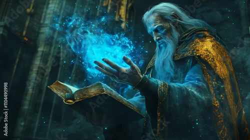 Mystical ancient wizard conjuring blue magical energy from an arcane tome in a dark, gothic cathedral setting, embodying fantasy and sorcery. Arcane. Illustration