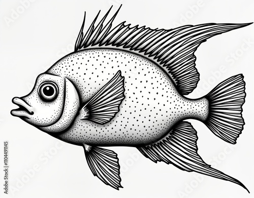 Hand drawn style angel fish. Underwater tropical animal. Artistic illustration of fish in black, white. Fish detailed scales, fins. Design suitable for eco posters, aquarium shops, home decor. Unique photo